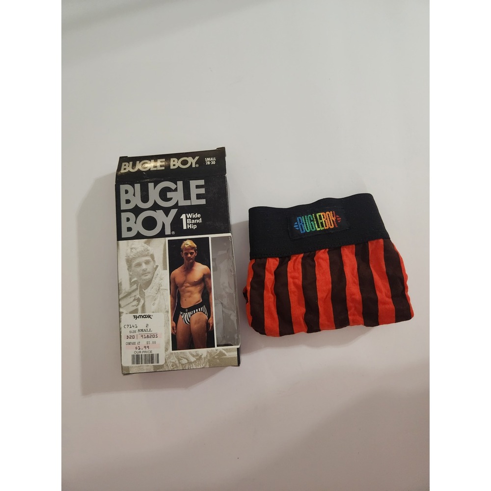 Bugle Boy Underwear Red Black Striped Wide Band Hip Briefs Vintage Small 28-30